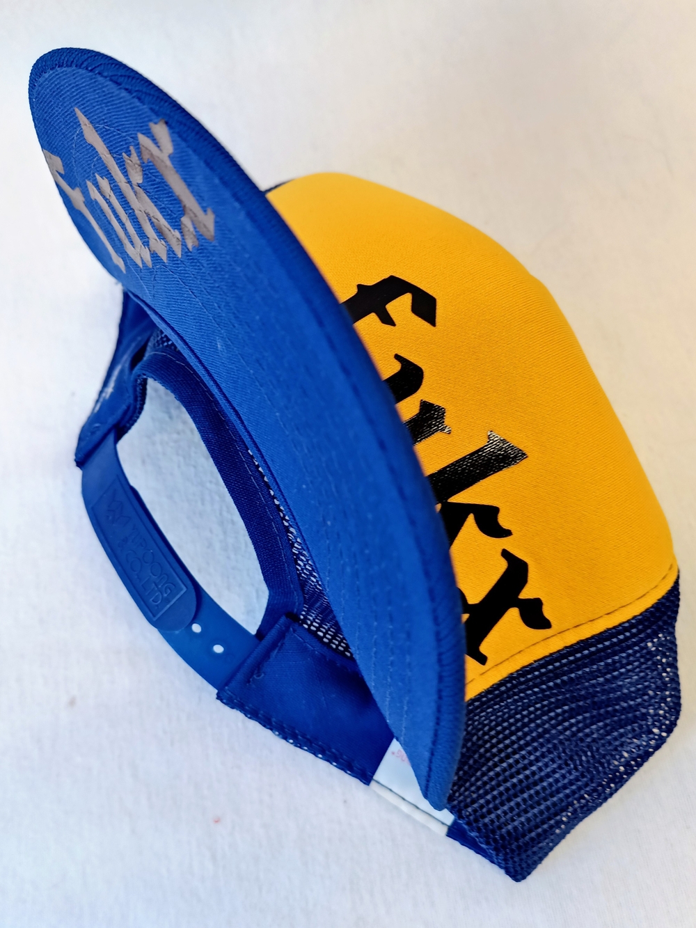 Men's Blue and Yellow Trucker Hat W Bold Lettering